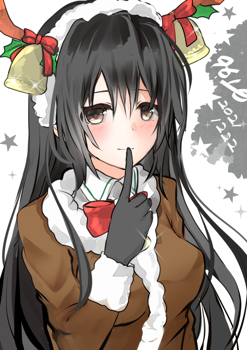 1girl animal_costume antlers bell black_gloves black_hair blush brown_eyes chikuma_(kancolle) closed_mouth dated eiji_(monochromexd) finger_to_mouth gloves hair_between_eyes highres index_finger_raised kantai_collection light_smile long_hair long_sleeves reindeer_antlers reindeer_costume signature solo sparkle upper_body