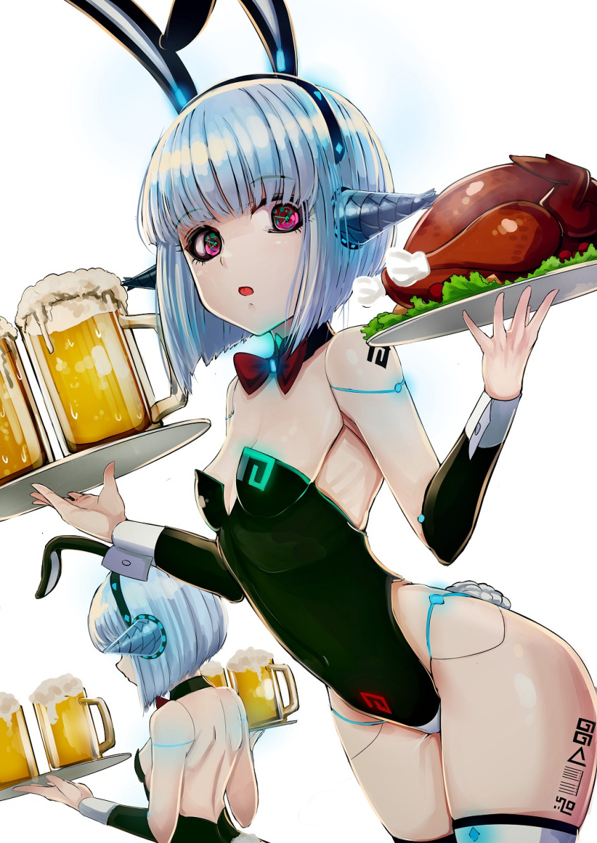 alcohol android android_mk.99 animal_ears b.d bangs barcode beer beer_mug black_leotard blue_hair breasts bunny_girl_android bunny_girl_android_(cosplay) cosplay cup eyebrows_visible_through_hair fake_animal_ears fake_tail food glowing glowing_tattoo guardian_tales highres holding holding_plate holding_tray leotard looking_at_viewer mug open_mouth oversized_breast_cup pink_eyes plate playboy_bunny pubic_tattoo rabbit_ears rabbit_tail short_hair simple_background sleeveless small_breasts tail tattoo thighs tray white_background wrist_cuffs
