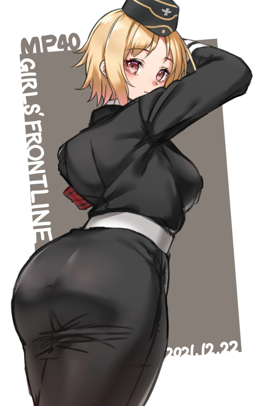 1girl armband ass black_headwear black_jacket black_skirt blonde_hair character_name copyright_name dated from_behind garrison_cap girls_frontline hat highres jacket looking_at_viewer military military_hat military_jacket military_uniform mp40_(girls'_frontline) pencil_skirt red_armband short_hair skirt smile solo toryu_fufu uniform wehrmacht yellow_eyes
