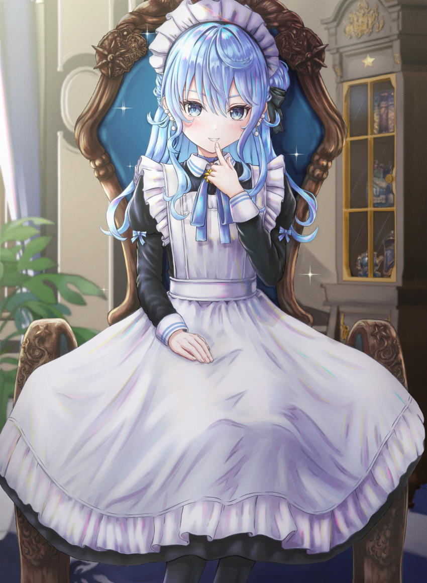 1girl absurdres apron black_dress blue_eyes blue_hair blue_ribbon blush dress earrings finger_to_mouth finger_to_own_chin fingernails hand_on_own_thigh highres hololive hoshimachi_suisei jewelry juliet_sleeves long_dress long_hair long_sleeves looking_at_viewer maid maid_apron maid_headdress neck_ribbon on_chair portrait puffy_sleeves ribbon side_bun sitting smile solo star_(symbol) star_in_eye symbol_in_eye victorian_maid virtual_youtuber wajuniorbox white_apron