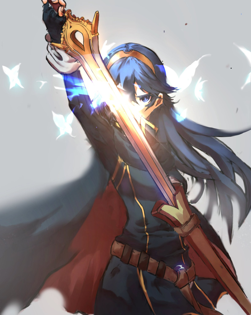 1girl armor bangs blue_eyes blue_hair cape falchion_(fire_emblem) fingerless_gloves fire_emblem fire_emblem_awakening gloves highres holding holding_sword holding_weapon long_hair lucina_(fire_emblem) ramennamenn sword tiara weapon