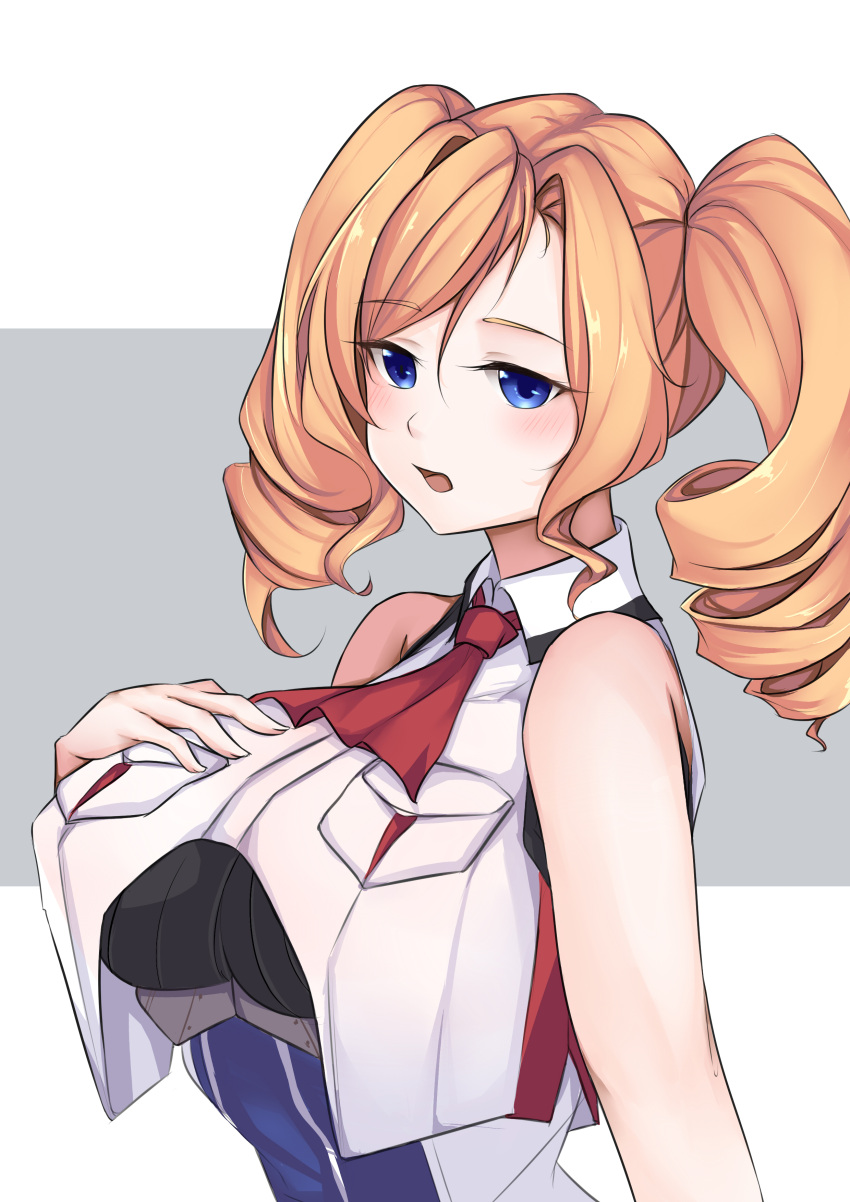 1girl absurdres ascot bangs blonde_hair blue_dress blue_eyes breast_pocket breasts crop_top dress drill_hair eyebrows_visible_through_hair hair_between_eyes hand_on_own_chest highres honolulu_(kancolle) jiangyou_dang kantai_collection large_breasts long_hair looking_at_viewer multicolored_clothes parted_lips pocket red_ascot simple_background sleeveless sleeveless_dress swept_bangs twin_drills twintails upper_body