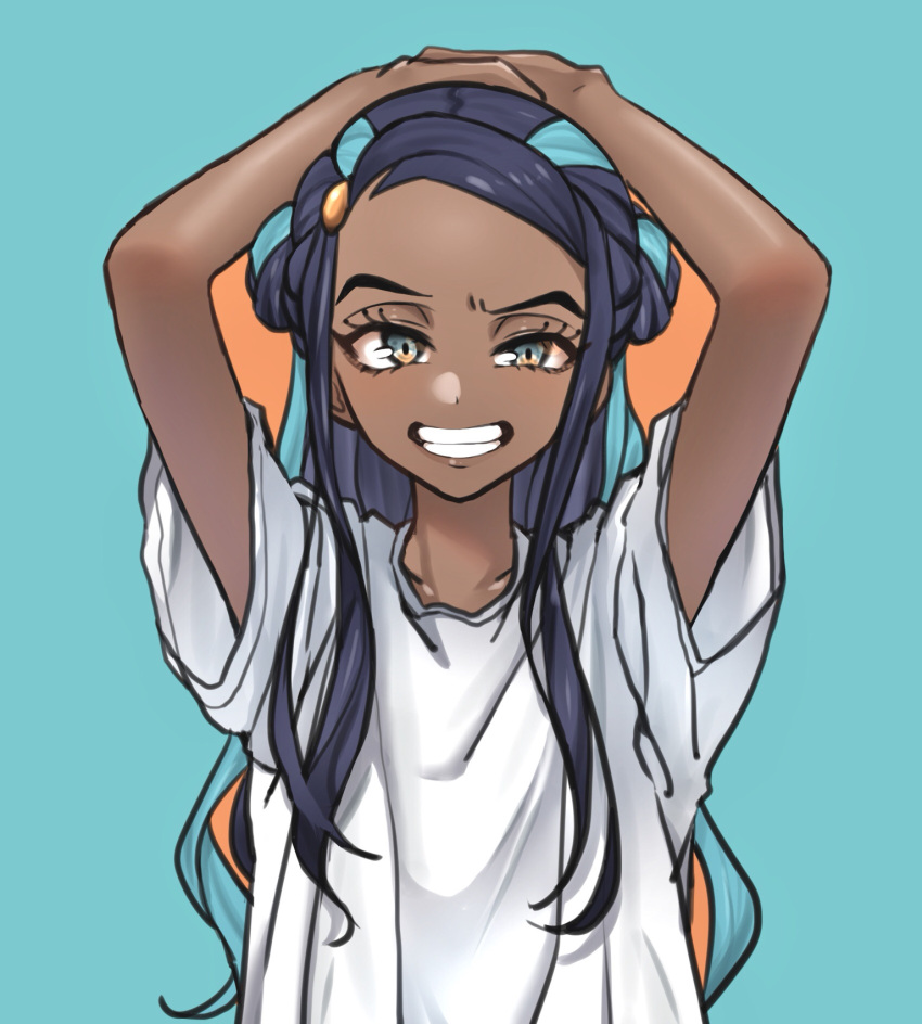 1girl alternate_costume aqua_background arms_up black_hair blue_hair commentary_request dark-skinned_female dark_skin echizen_(n_fns17) eyelashes grin highres long_hair looking_at_viewer multicolored_hair nessa_(pokemon) pokemon pokemon_(game) pokemon_swsh shirt short_sleeves sidelocks simple_background smile solo teeth two-tone_hair upper_body white_shirt