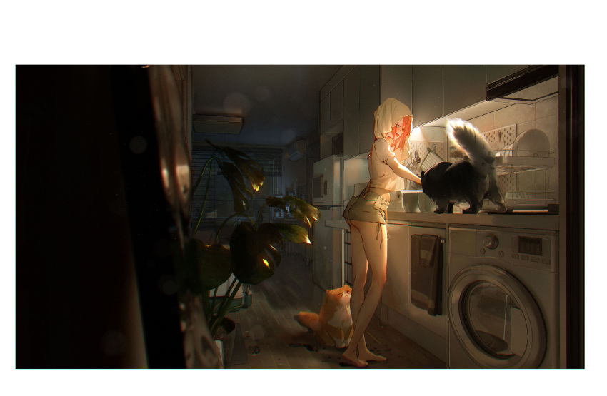 1girl absurdres bangs blush border cat chinese_commentary commentary drying full_body green_eyes green_shorts highres indoors long_hair looking_at_animal milk_ko on_floor orange_hair original plant potted_plant refrigerator shirt short_shorts shorts solo standing swept_bangs towel towel_on_head very_long_hair washing_machine wet white_border white_shirt