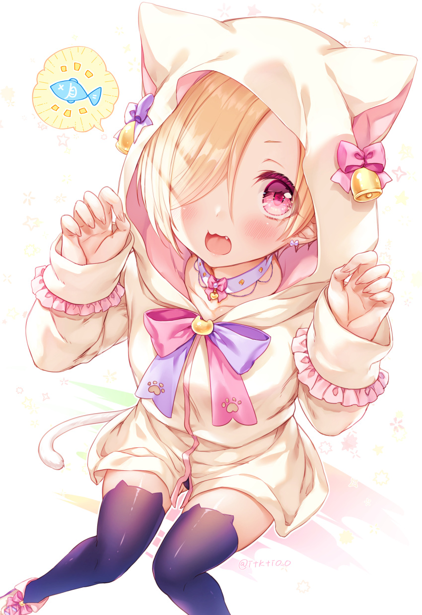 absurdres animal_ear_headwear bell blonde_hair bow bow_earrings choker earrings fang fingernails fish highres hood hoodie idolmaster idolmaster_cinderella_girls itsuki_jun jewelry lace_trim one_eye_covered open_mouth paw_print pink_bow pink_footwear pink_ribbon purple_bow red_eyes ribbon shirasaka_koume signature simple_background sleeves_past_wrists speech_bubble thigh-highs thighs tongue white_background white_hoodie