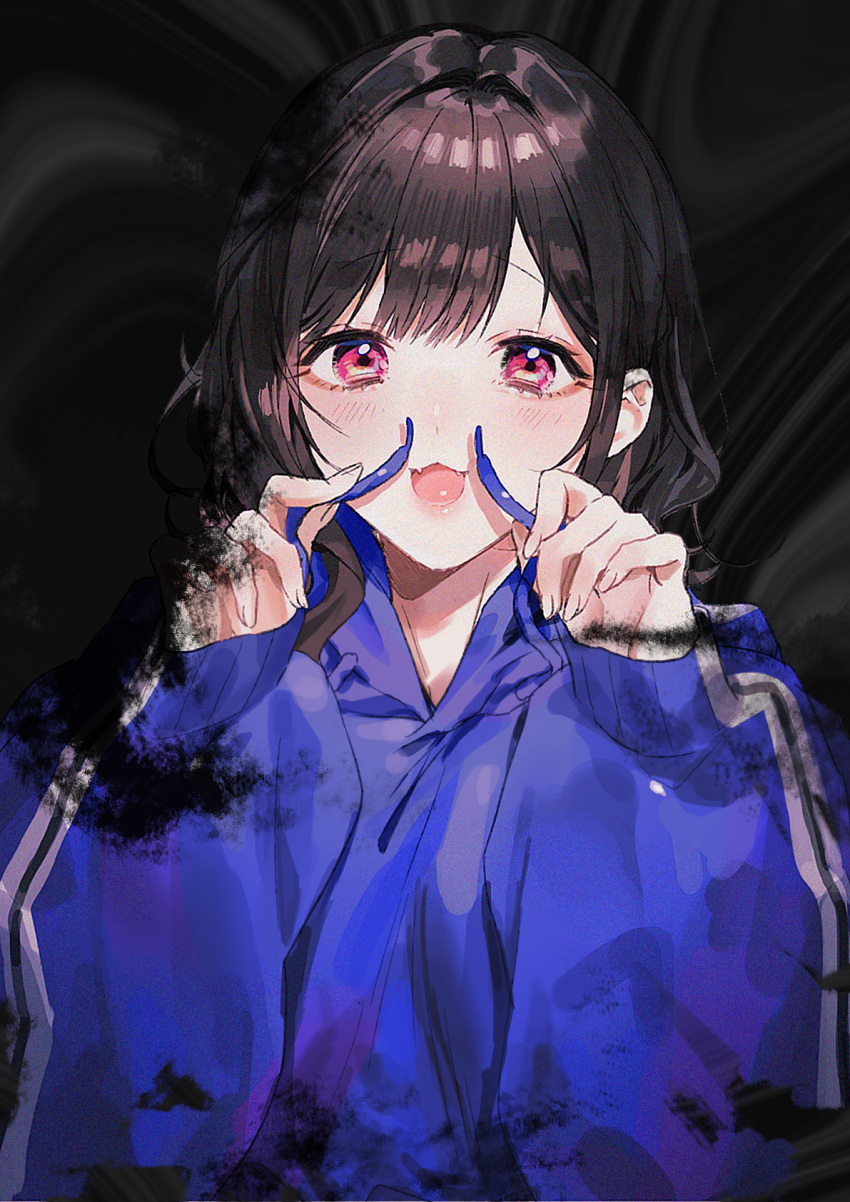 1girl :3 :d bangs black_background black_hair blue_hoodie blush drawstring eyebrows_visible_through_hair fake_facial_hair fake_mustache fangs highres hood hood_down hoodie long_sleeves looking_at_viewer open_mouth original pink_eyes puffy_long_sleeves puffy_sleeves short_hair sinomi smile solo upper_body