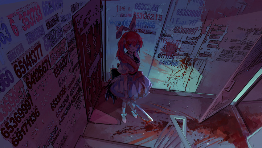 1girl axleaki bangs blood blood_on_wall blood_on_weapon blue_eyes blush hair_ribbon highres holding holding_weapon long_hair looking_at_viewer open_door original redhead ribbon scenery smile solo stairs standing very_long_hair weapon