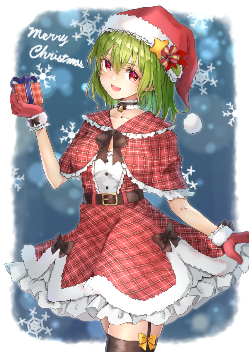 1girl alternate_costume bell belt belt_buckle black_legwear blush box brown_belt buckle buttons capelet christmas collarbone cowboy_shot dress eyebrows_visible_through_hair gift gift_box gloves green_hair hair_between_eyes hat highres holding holding_gift kazami_yuuka merry_christmas open_mouth pom_pom_(clothes) red_capelet red_dress red_eyes red_gloves red_headwear santa_hat shironeko_yuuki short_hair smile snowflake_background snowflakes solo thigh-highs touhou