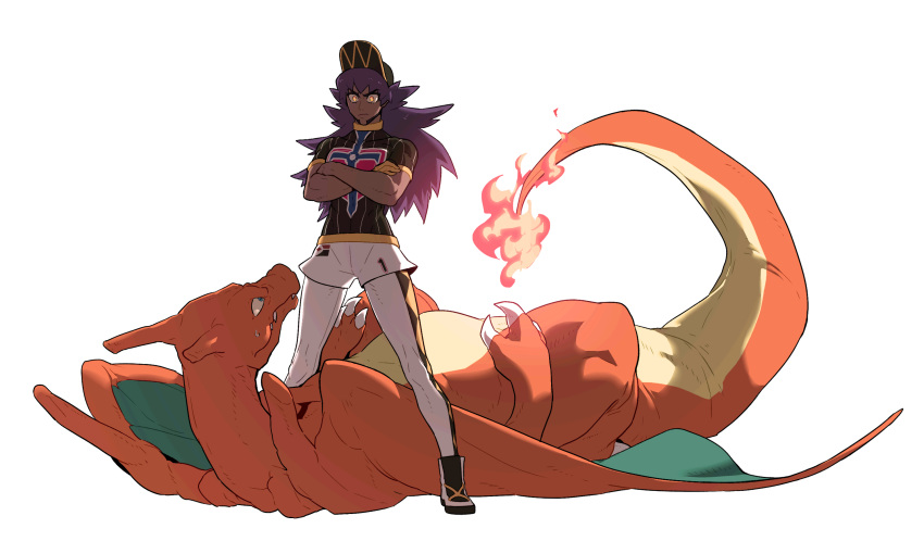 1boy baseball_cap champion_uniform charizard closed_mouth commentary_request crossed_arms dark-skinned_male dark_skin facial_hair fire flame hat highres korean_commentary leggings legs_apart leon_(pokemon) long_hair looking_down male_focus pokemon pokemon_(creature) pokemon_(game) pokemon_swsh purple_hair redlhzz shield_print shirt short_shorts short_sleeves shorts simple_background standing sword_print white_background white_legwear white_shorts yellow_eyes