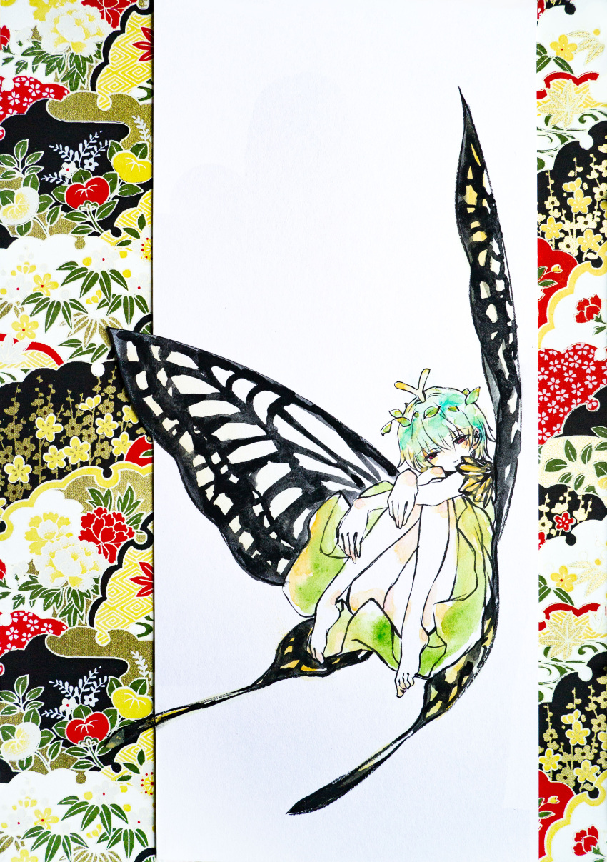 1girl absurdres antennae aqua_hair bare_legs barefoot blush brown_eyes butterfly_wings closed_mouth dress eternity_larva eyebrows_visible_through_hair fairy full_body green_dress hair_between_eyes highres ikeda_ruriko leaf leaf_on_head multicolored_clothes multicolored_dress short_hair single_strap solo touhou traditional_media wings