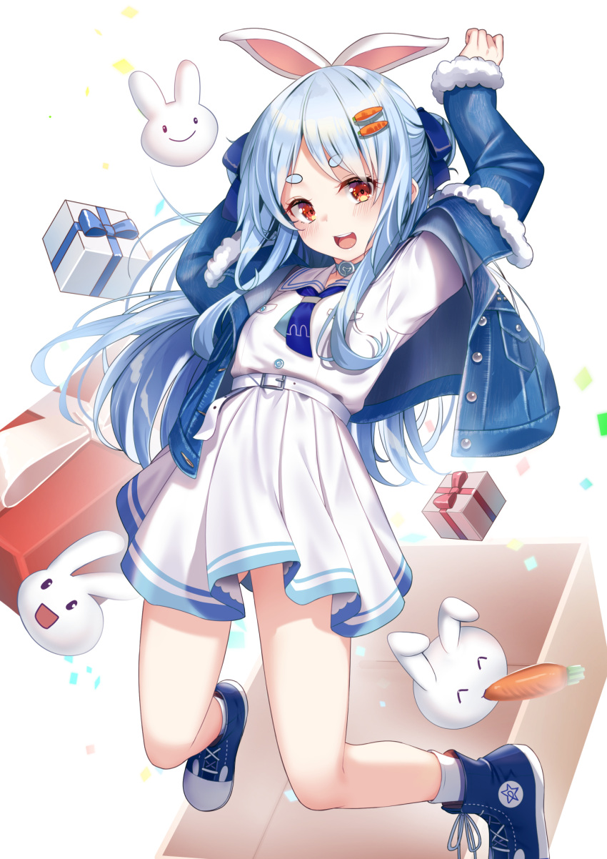 1girl animal_ears arms_up blue_footwear blue_hair blue_jacket box breasts commentary_request dress fur-trimmed_jacket fur-trimmed_sleeves fur_trim gift gift_box highres hololive jacket long_hair long_sleeves nousagi_(usada_pekora) open_clothes open_jacket pleated_dress rabbit_ears red_eyes shoes short_eyebrows sleeves_past_wrists small_breasts socks thick_eyebrows usada_pekora very_long_hair virtual_youtuber white_background white_dress white_legwear yan_(nicknikg)