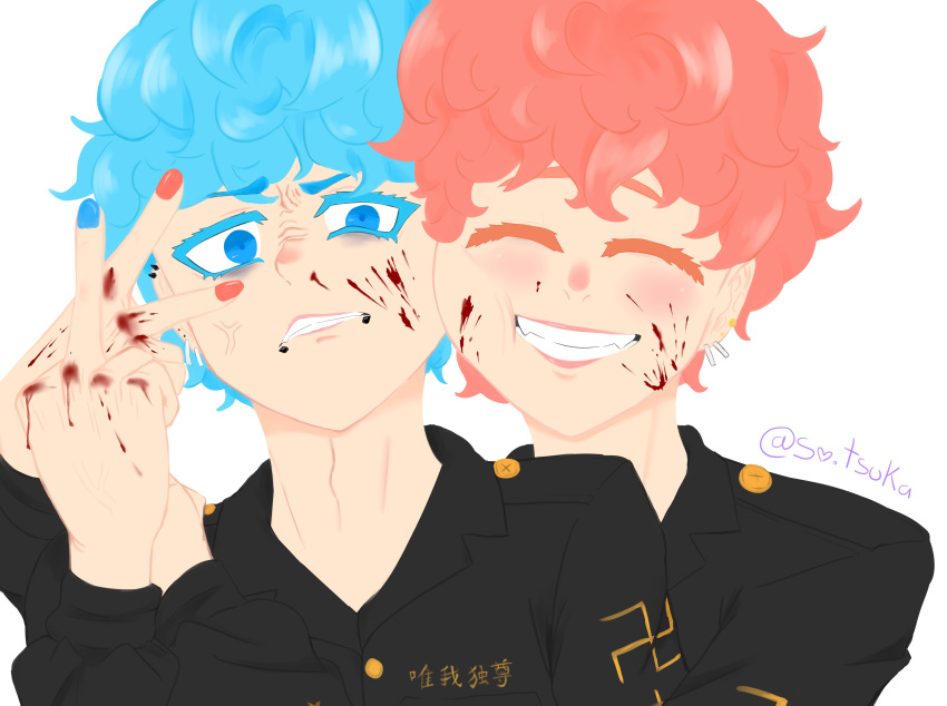 2boys ^_^ absurdres angry blood blood_on_face blood_on_hands blue_eyes blue_hair blush brothers closed_eyes earrings fangs grin hand_on_another's_shoulder highres hug hug_from_behind jewelry kawata_nahoya kawata_souya lips middle_finger multiple_boys nail_polish nosebleed piercing pink_hair self_upload siblings signature smile so.tsuka swastika tokyo_revengers v v_over_eye white_background
