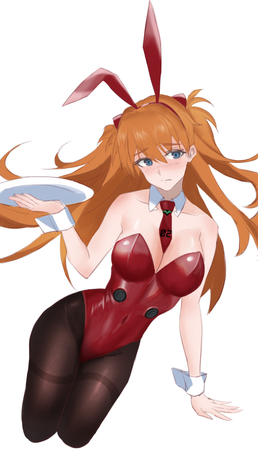 1girl animal_ears black_legwear blush brown_hair cola-alter collarbone covered_navel cropped_legs detached_collar fake_animal_ears floating_hair hairband highres holding holding_plate leotard long_hair looking_at_viewer necktie neon_genesis_evangelion pantyhose plate playboy_bunny rabbit_ears red_hairband red_leotard red_necktie shiny shiny_hair short_necktie simple_background sketch solo souryuu_asuka_langley strapless strapless_leotard thighband_pantyhose very_long_hair white_background wing_collar wrist_cuffs