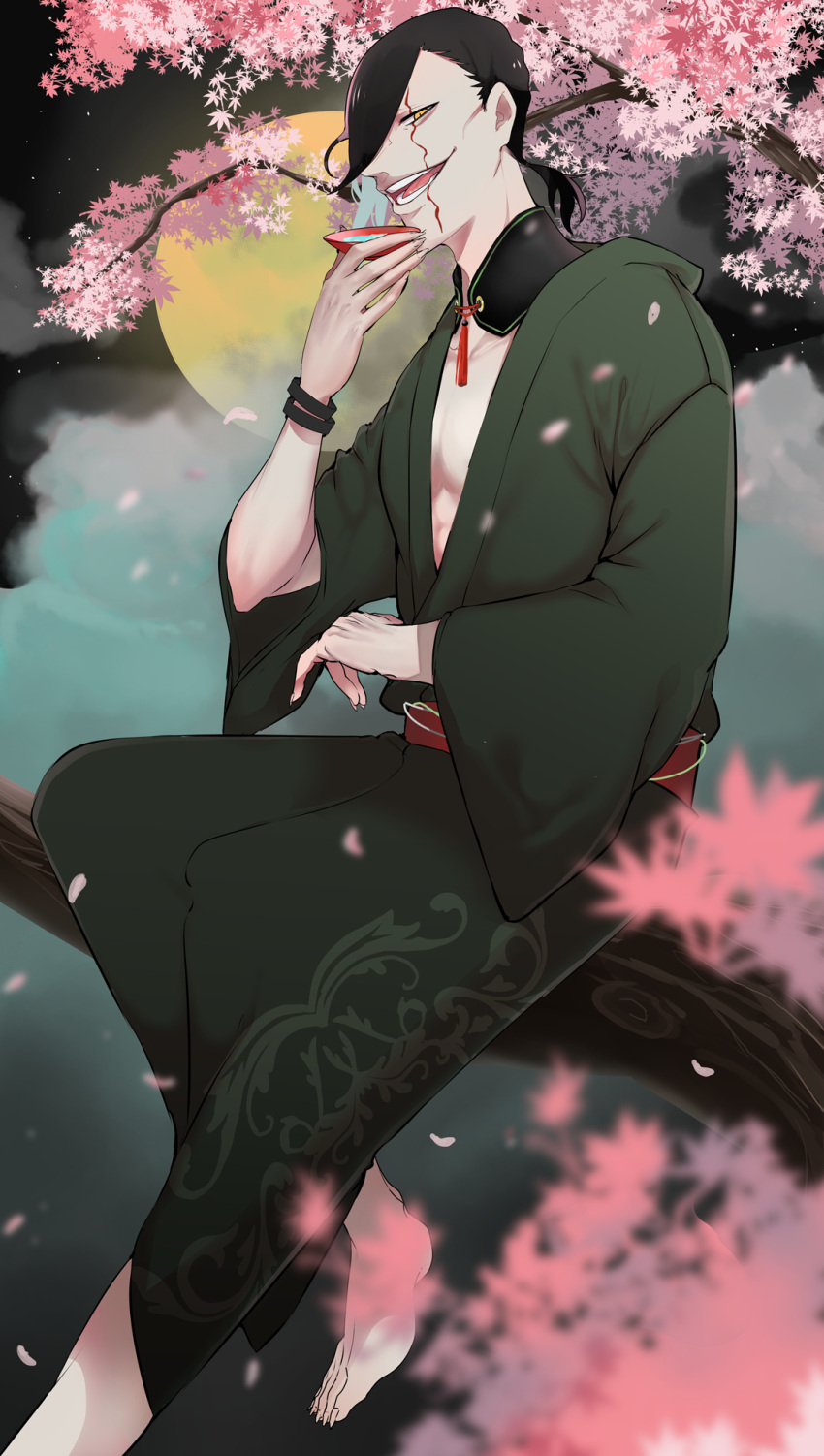 black_clover black_hair bracelet branch clouds collar drink eye_contact full_moon highres in_tree jack_the_ripper_(black_clover) jewelry lanky_male looking_at_another looking_at_viewer maple_tree moon night night_sky petals robe scar scar_across_eye scar_on_face sitting sitting_in_tree sky tako3 tree