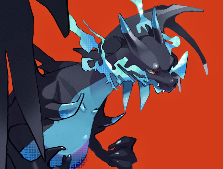 blue_fire breathing_fire charizard claws collarbone commentary_request fangs fangs_out fire gogot highres horns looking_down mega_charizard_x mega_pokemon no_humans pokemon pokemon_(creature) red_background red_eyes simple_background solo
