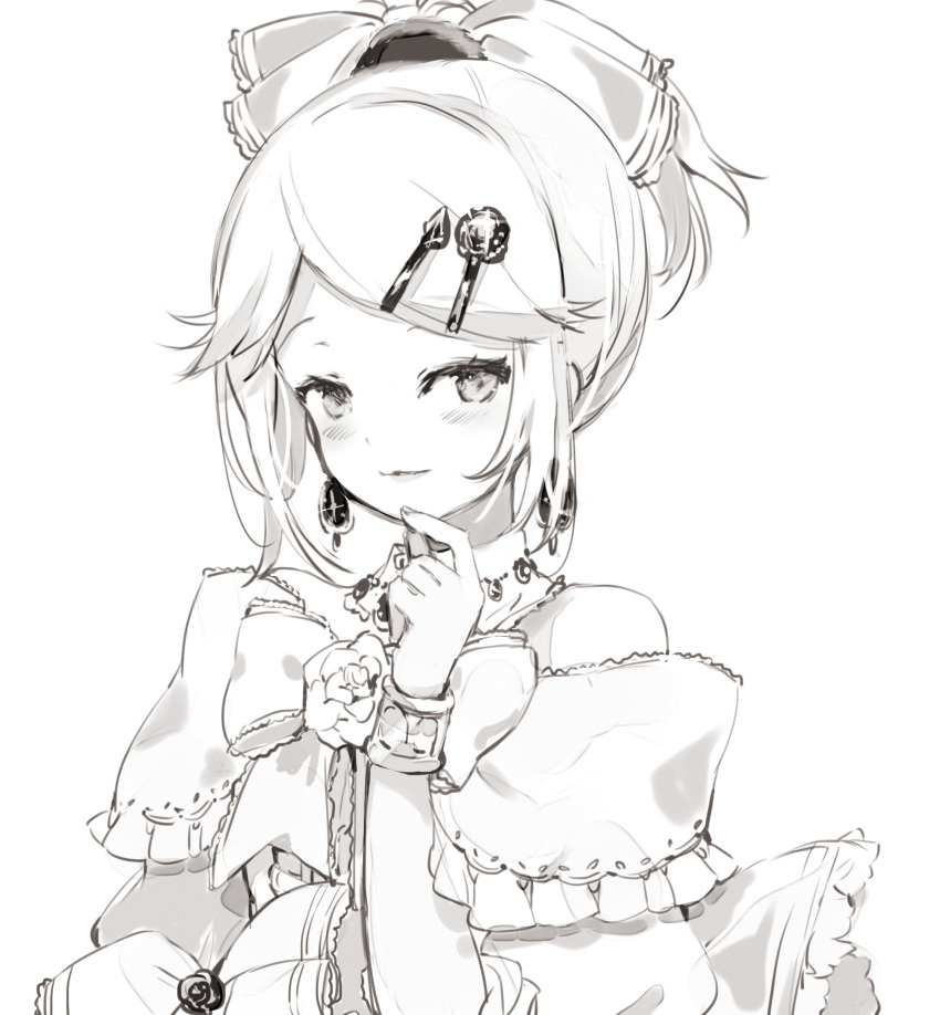 1girl aku_no_musume_(vocaloid) bare_shoulders bow bracelet choker dress dress_bow dress_flower earrings evillious_nendaiki flower frilled_dress frills greyscale hair_bow hair_ornament hairclip highres jewelry kagamine_rin looking_at_viewer monochrome oyamada_gamata puffy_sleeves riliane_lucifen_d'autriche rose sidelocks smile solo updo vocaloid