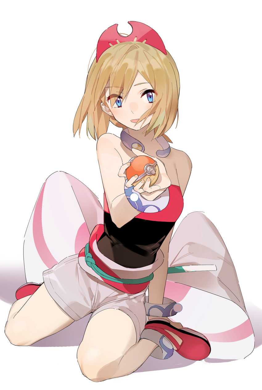 1girl anklet bangs blonde_hair blue_eyes blush bracelet collar commentary_request eyelashes grey_shorts hand_up hat highres holding holding_poke_ball irida_(pokemon) jewelry looking_at_viewer medium_hair neee-t open_mouth poke_ball poke_ball_(legends) pokemon pokemon_(game) pokemon_legends:_arceus red_footwear red_headwear red_shirt sash shirt shoes shorts smile solo strapless strapless_shirt