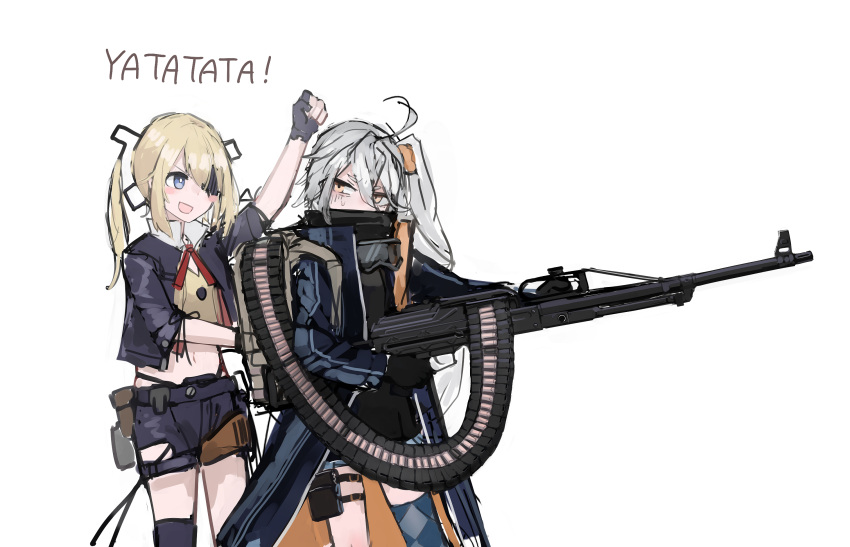2girls ahoge arm_up black_gloves blonde_hair blue_eyes blush clenched_hand eyepatch feet_out_of_frame girls_frontline gloves goggles gun hair_between_eyes hair_ornament highres holding holding_gun holding_weapon jacket long_hair looking_at_another looking_to_the_side machine_gun multiple_girls open_clothes open_jacket open_mouth orange_eyes pkp_(girls'_frontline) pkp_pecheneg rampart1028 shorts side_ponytail silver_hair simple_background single_thighhigh skorpion_(girls'_frontline) smile thigh-highs twintails weapon white_background
