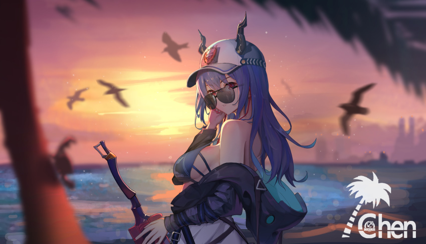 1girl absurdres arknights bangs bare_shoulders baseball_cap bikini bird blue_bikini blue_hair breasts ch'en_(arknights) ch'en_the_holungday_(arknights) character_name chi_xiao_(arknights) chinese_commentary commentary_request db1s dragon_horns eyebrows_visible_through_hair great_lungmen_logo hat highres horns horns_through_headwear large_breasts long_hair long_sleeves looking_at_viewer nail_polish off_shoulder outdoors parted_lips partial_commentary red_eyes red_nails solo sunglasses swimsuit sword upper_body weapon white_headwear