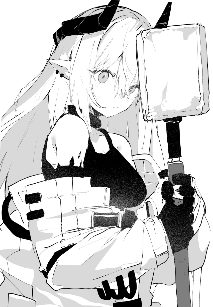 1girl absurdres arknights bangs ddari demon_girl demon_horns elite_ii_(arknights) gloves highres holding holding_weapon horns monochrome mudrock_(arknights) off_shoulder oripathy_lesion_(arknights) parted_lips pointy_ears solo tank_top war_hammer weapon