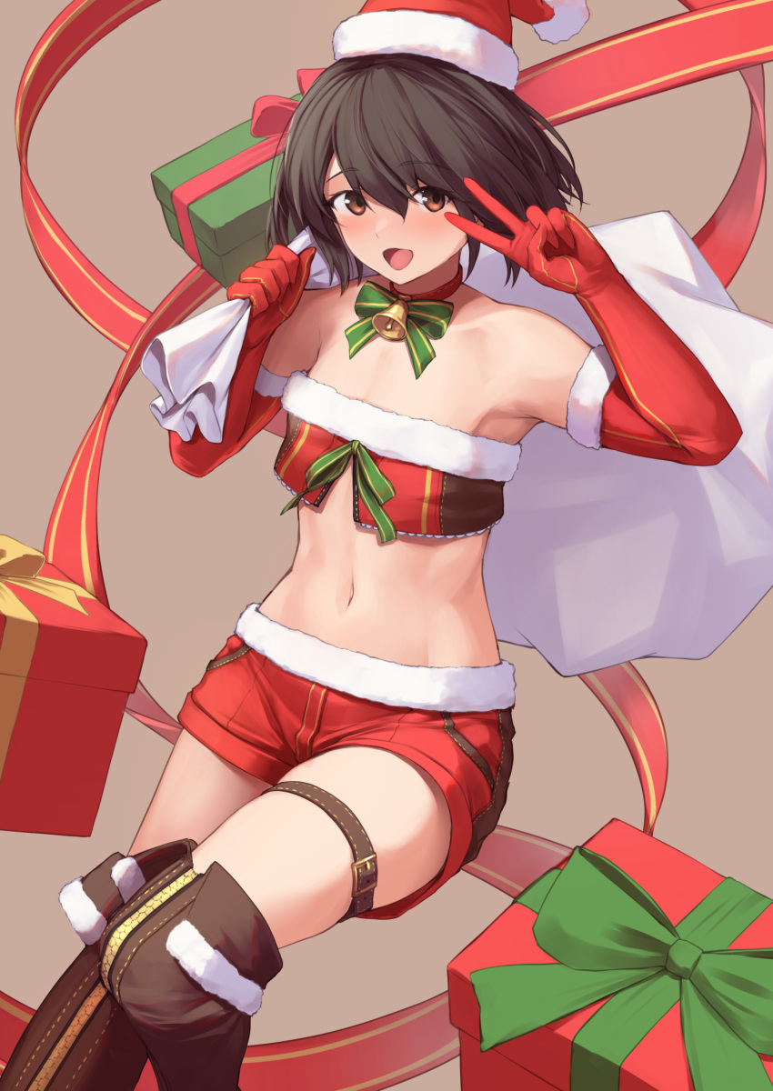 1girl :d arm_up armpits bandeau bare_shoulders bell black_hair boots bow bowtie brown_eyes brown_footwear choker christmas crop_top elbow_gloves flat_chest fur_trim gloves hand_up hat highres holding looking_at_viewer midriff navel original over-kneehighs rebutsu red_choker red_gloves red_headwear red_shorts revealing_clothes sack santa_costume santa_hat short_hair short_shorts shorts smile solo stomach strapless thigh-highs thigh_boots thigh_strap thighs tube_top