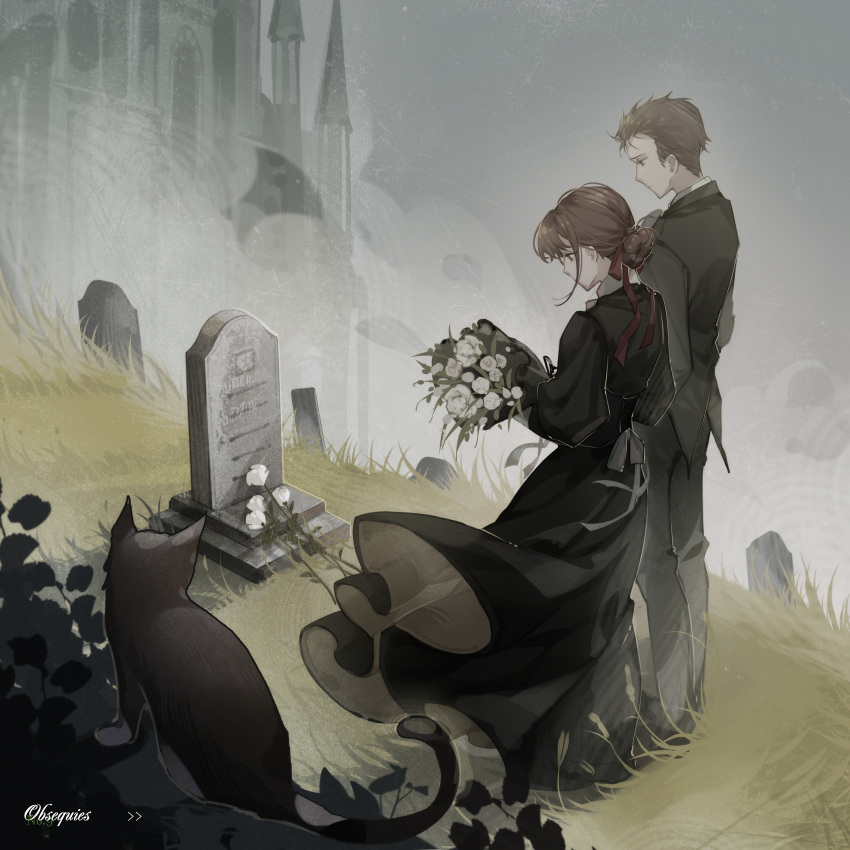 absurdres benson_moretti black_dress bouquet brother_and_sister brown_eyes brown_hair building cat chinese_commentary commentary_request dress flower fog grass graveyard highres jacket lace looking_down lord_of_the_mysteries melissa_moretti mourning mourning_dress no.9_yualuodesi_mimitongxinzhong short_hair siblings signature tomb tombstone wind