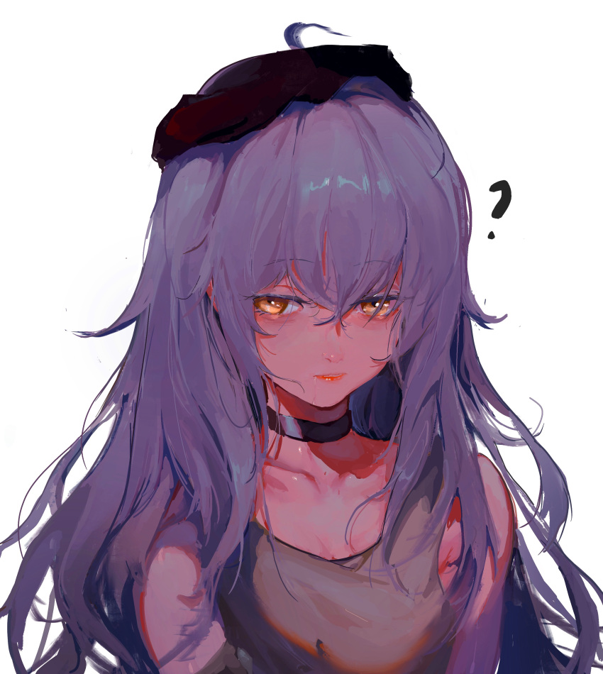 1girl ? absurdres ahoge bangs choker collarbone commentary_request furioso g11_(girls'_frontline) girls_frontline hair_between_eyes hat highres long_hair looking_at_viewer messy_hair purple_hair saliva simple_background solo tank_top upper_body white_background yellow_eyes