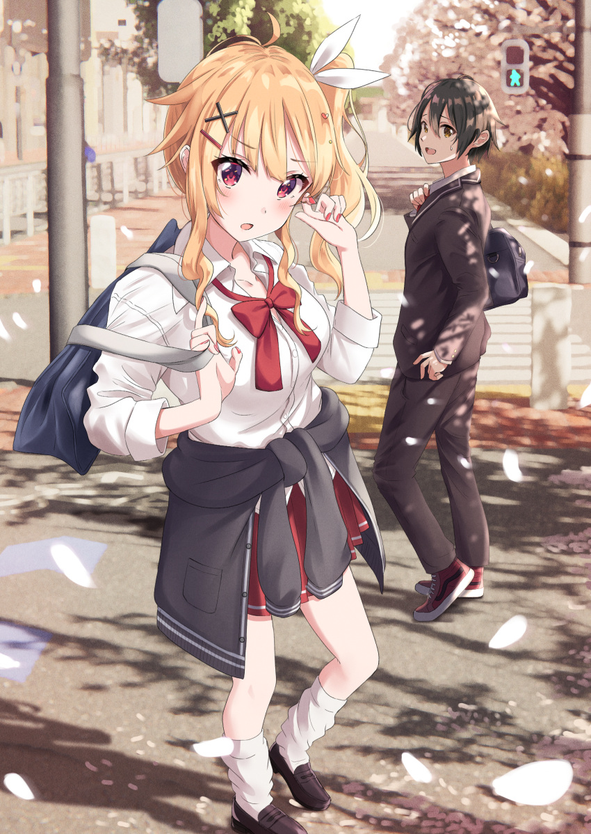 1boy 1girl :d :o blonde_hair character_request cherry_blossoms clothes_around_waist commission copyright_request cover cover_page eyebrows_visible_through_hair gyaru highres kogal long_hair loose_socks nail_polish novel_cover novel_illustration official_art petals red_eyes school_uniform shiokazunoko short_hair side_ponytail skirt smile sweater sweater_around_waist tan uniform yellow_eyes