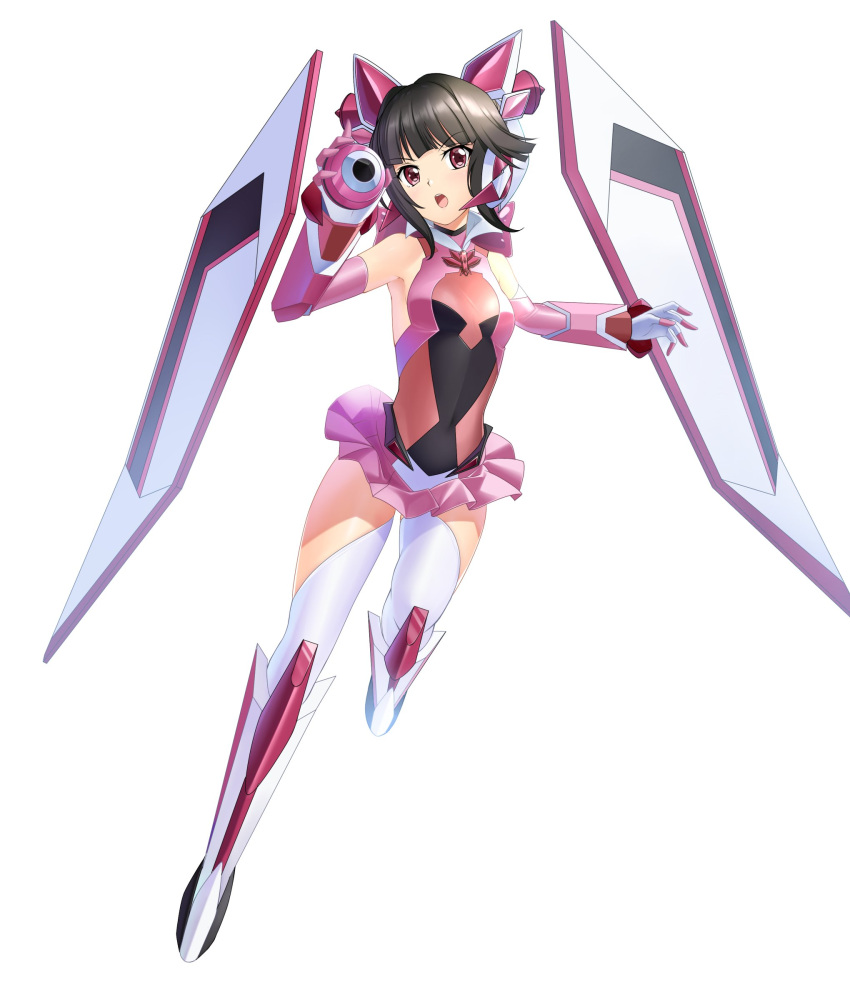 1girl armored_boots armpits bangs black_hair blunt_bangs boots breasts detached_sleeves eyebrows_visible_through_hair full_body gloves headphones highres holding leotard looking_at_viewer miniskirt nyanmaru open_mouth pink_gloves pink_skirt pink_sleeves pleated_skirt red_eyes senki_zesshou_symphogear short_hair simple_background skirt small_breasts solo thigh-highs tsukuyomi_shirabe two-tone_gloves white_background white_gloves white_legwear