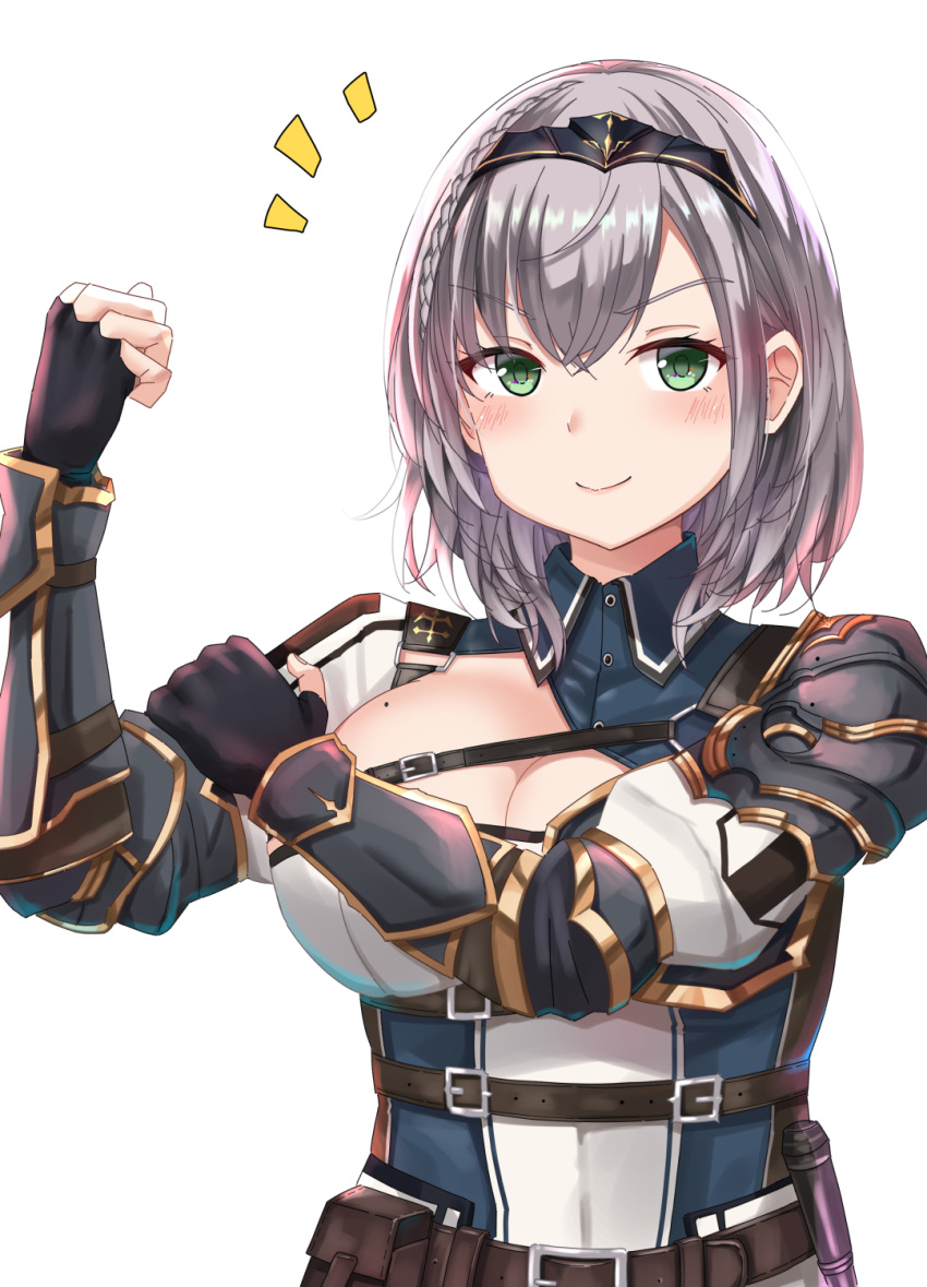 1girl armor bangs belt blush breasts brown_belt closed_mouth collared_shirt commentary_request eyebrows_visible_through_hair fingerless_gloves gloves green_eyes highres hololive kuroame_(kurinohana) large_breasts looking_at_viewer mole mole_on_breast notice_lines shirogane_noel shirt short_hair shoulder_armor silver_hair smile solo upper_body vambraces virtual_youtuber