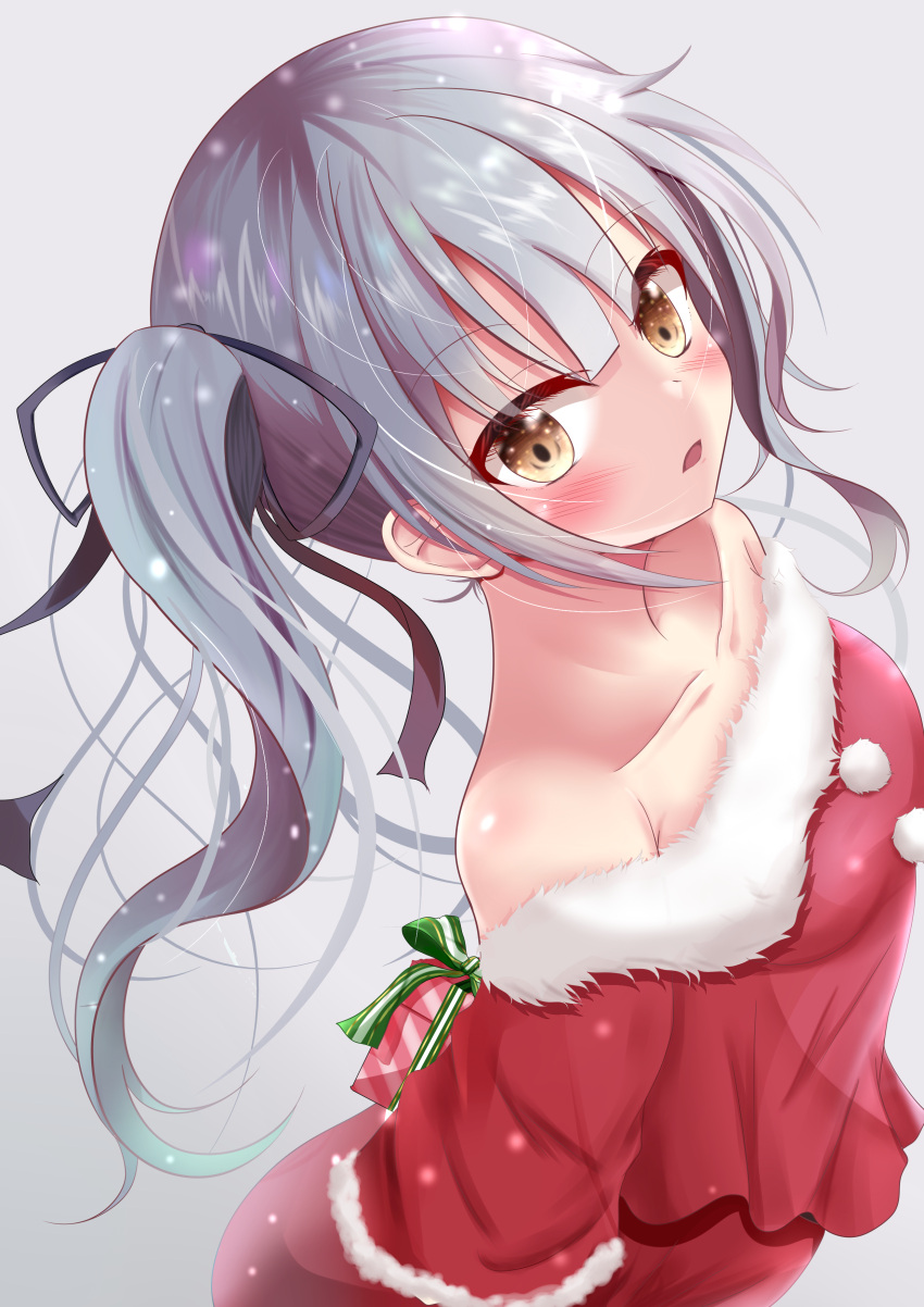 1girl absurdres arms_behind_back bangs bare_shoulders black_ribbon blush box brown_eyes collarbone dress eyebrows_visible_through_hair fur-trimmed_dress fur-trimmed_sleeves fur_trim gift gift_box grey_hair hair_ribbon highres holding holding_gift kantai_collection kasumi_(kancolle) lcel long_hair looking_at_viewer off-shoulder_dress off_shoulder open_mouth red_dress ribbon santa_costume side_ponytail simple_background standing