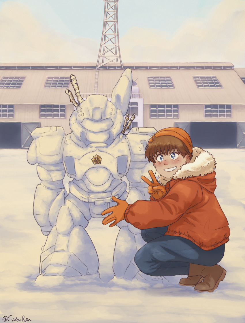 1girl absurdres aurora_(cynicalruins) av-98_ingram beanie blue_eyes blush brown_hair clouds coat gloves grin hangar happy hat highres izumi_noa kidou_keisatsu_patlabor looking_at_viewer looking_to_the_side mecha short_hair signature sky smile snow snowman solo squatting stick twitter_username v winter winter_clothes winter_coat