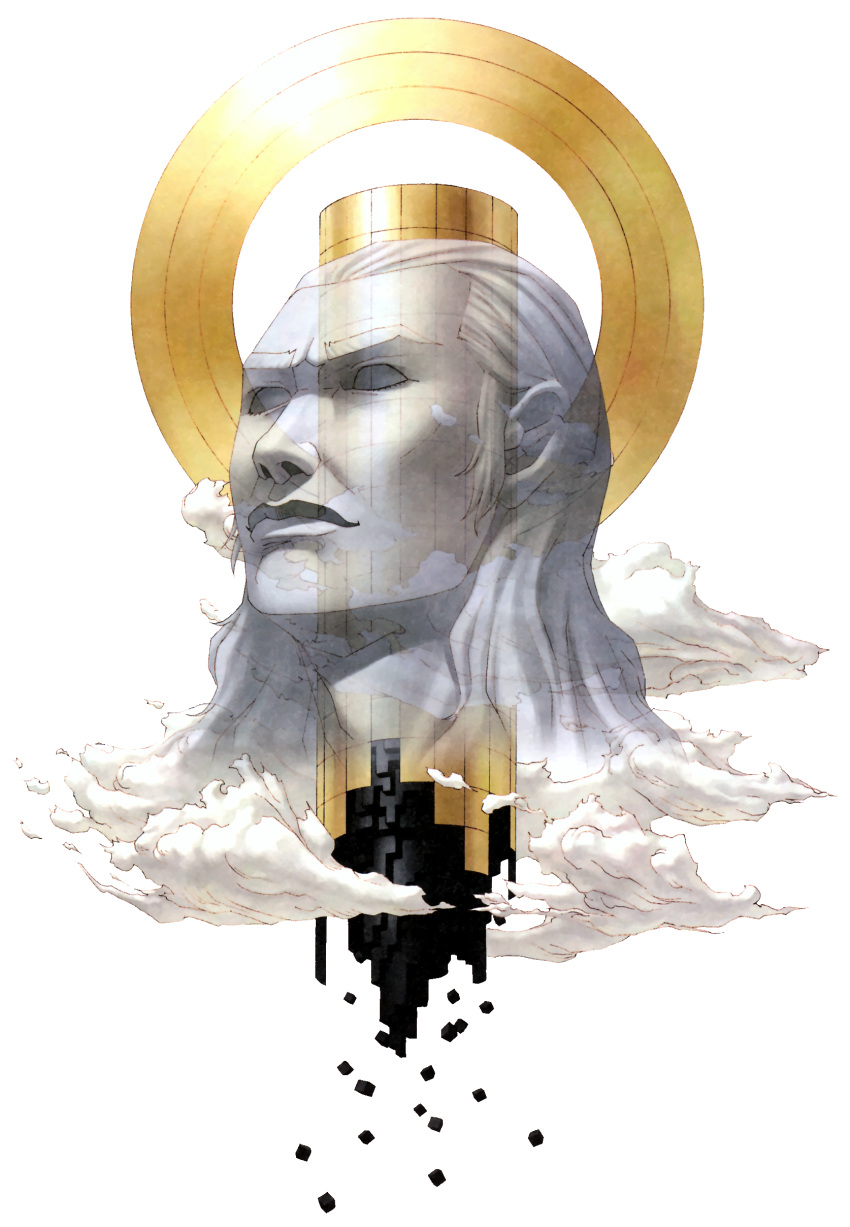 1boy absurdres babel_(megami_tensei) blank_eyes clouds colored_skin cube full_body ghost grey_hair grey_skin hair_pulled_back halo highres kazuma_kaneko long_hair megami_ibunroku_devil_survivor official_art scan see-through shin_megami_tensei solo third-party_source tower transparent_background