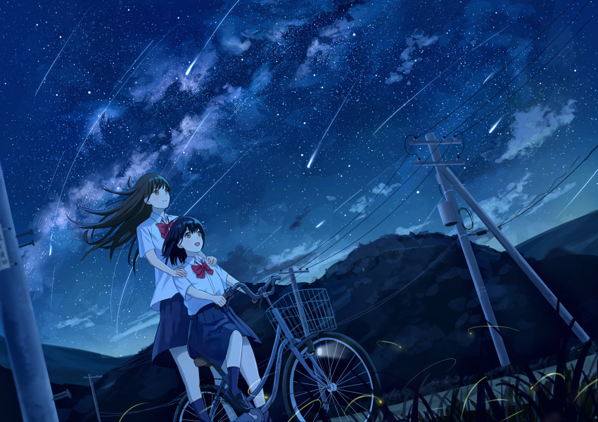 2girls :d bangs bicycle black_footwear black_hair blue_skirt brown_hair bug clouds collared_shirt commentary_request firefly ground_vehicle highres long_hair milky_way multiple_girls multiple_riders night night_sky open_mouth original outdoors riding riding_bicycle scenery school_uniform shirt shooting_star short_hair shurock skirt sky smile star_(sky) star_trail starry_sky white_shirt