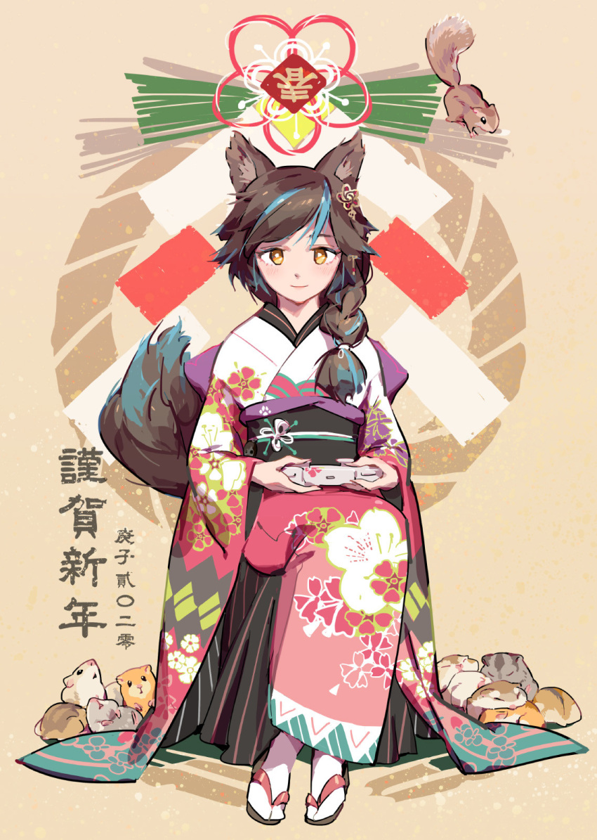 1girl animal_ears bangs black_hair blue_hair braid brown_background character_request chinese_text closed_mouth controller copyright_request crossed_legs floral_print geta hair_ornament hamster highres holding holding_controller japanese_clothes kimono light_blush light_smile looking_at_viewer new_year obi obijime parted_bangs sash single_braid sitting sleeping solo squirrel tabi tail tennohi wolf_ears wolf_tail yellow_eyes