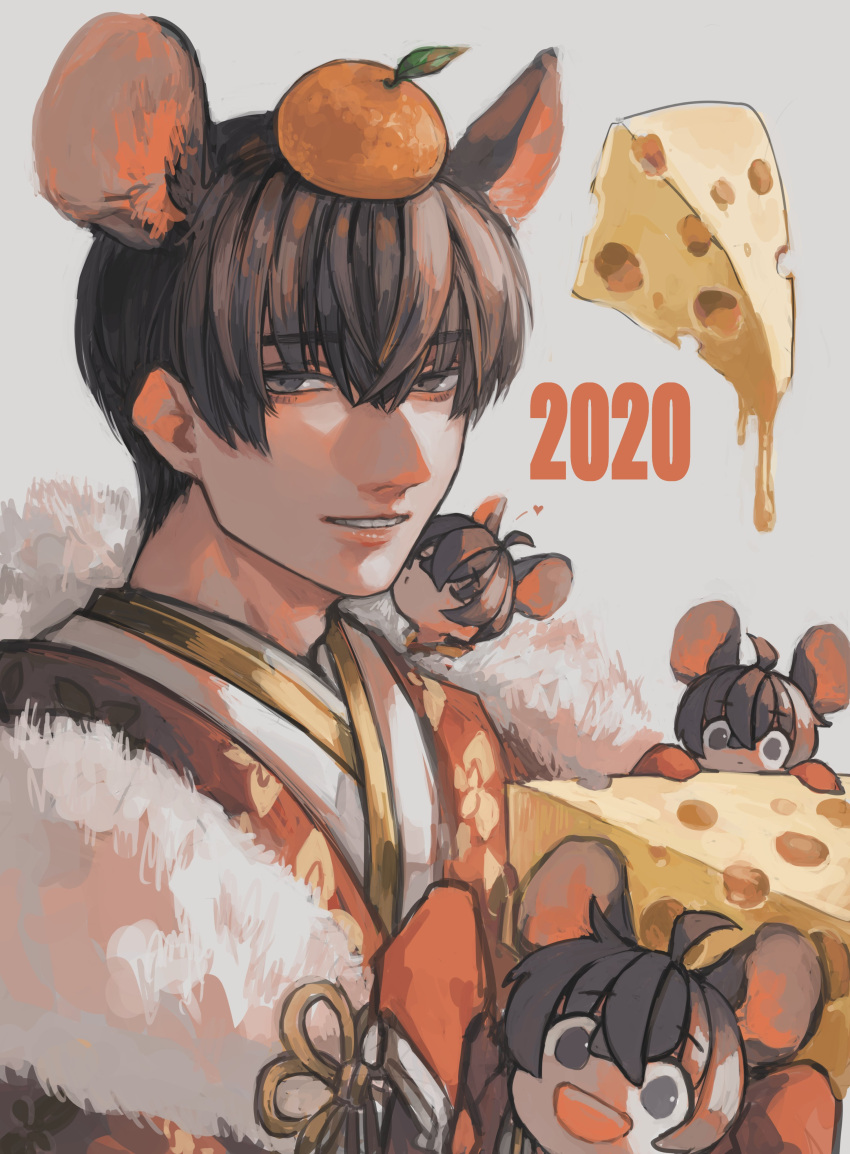 2020 4boys :d absurdres ahoge animal_ears bangs black_eyes black_hair cheese closed_eyes commentary eyebrows_visible_through_hair fatalbug896 food food_on_head fruit fruit_on_head fur_shawl gold_trim hair_between_eyes heart highres japanese_clothes kimono kiss kissing_cheek looking_at_viewer male_focus mandarin_orange mouse_boy mouse_ears multiple_boys multiple_persona nichts_(fatalbug896) object_on_head on_shoulder original parted_lips red_kimono short_hair sleeves_past_fingers sleeves_past_wrists smile upper_body wille_(fatalbug896)