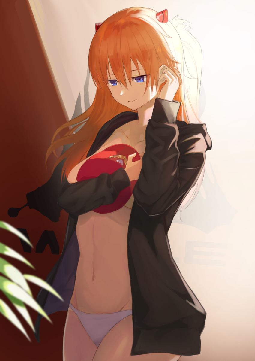 1girl bangs black_jacket blue_eyes blush breasts covering covering_breasts highres jacket large_breasts long_hair looking_away navel neon_genesis_evangelion open_clothes open_jacket orange_hair playing_with_own_hair red_headwear sideboob sino_(oyasumi_hf) smile solo souryuu_asuka_langley