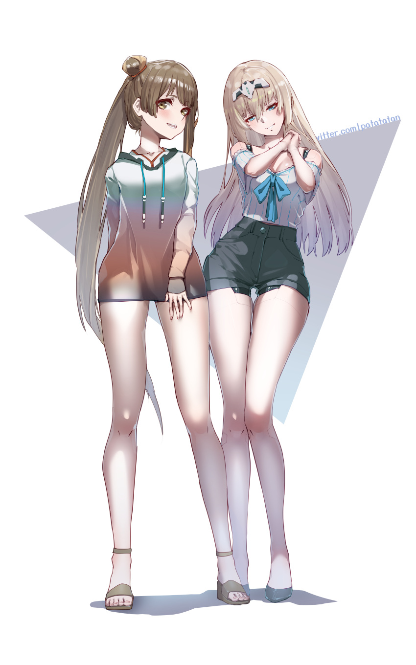 2girls absurdres android asymmetrical_hair bangs bare_shoulders blonde_hair blue_eyes blush breasts brown_hair collarbone di_allez_series grin hair_bun highres hood hoodie joints long_hair looking_at_viewer medium_breasts multiple_girls open_mouth patatatan phantasy_star phantasy_star_online_2 robot_joints shorts side_ponytail smile thighs toes very_long_hair