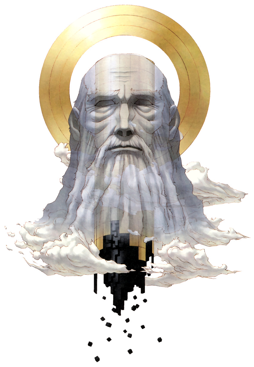 1boy absurdres babel_(megami_tensei) bald beard blank_eyes clouds colored_skin cube facial_hair full_body ghost grey_hair grey_skin halo highres kazuma_kaneko megami_ibunroku_devil_survivor official_art old old_man scan see-through shin_megami_tensei solo third-party_source tower transparent_background