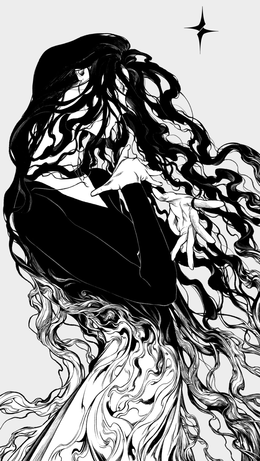 1508_1508 1girl absurdres breasts commentary english_commentary from_side greyscale highres long_hair long_sleeves monochrome solo upper_body wavy_hair