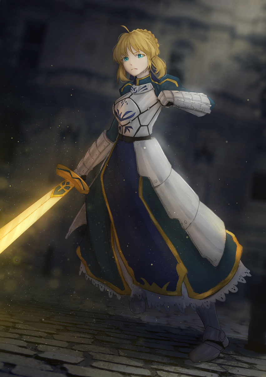 1girl absurdres ahoge architecture armor armored_dress artist_name artoria_pendragon_(all) bangs blonde_hair blue_dress blue_ribbon blue_sky braid braided_bun breastplate castle clouds cloudy_sky dress eunoia excalibur_(fate/stay_night) eyes_visible_through_hair fate/stay_night fate_(series) full_body gauntlets hair_between_eyes hair_bun hair_ribbon highres holding holding_sword holding_weapon huge_filesize knight long_sleeves ribbon saber sky solo sword water waves weapon