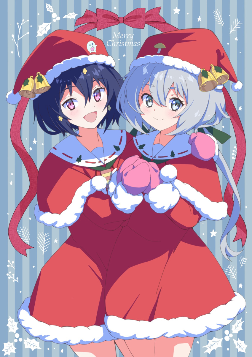 2girls :d arm_around_shoulder bangs black_hair blue_eyes capelet christmas closed_mouth commentary cowboy_shot dress english_text fur-trimmed_capelet fur_trim hat hat_bell highres holly konno_junko light_blush long_hair looking_at_viewer merry_christmas mizuno_ai multiple_girls open_mouth own_hands_together pink_mittens red_capelet red_headwear santa_dress santa_hat short_dress short_hair side-by-side silver_hair smile somasoutaro standing star_(symbol) striped striped_background vertical_stripes violet_eyes zombie_land_saga