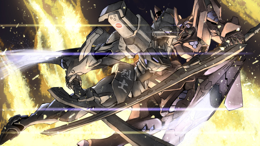 absurdres fighting fire from_side glowing highres holding holding_sword holding_weapon kawasemi_alter looking_at_another looking_up mecha muvluv muvluv_alternative muvluv_alternative_(anime) no_humans science_fiction sword tactical_surface_fighter takemikazuchi_(muvluv) type_94_shiranui weapon