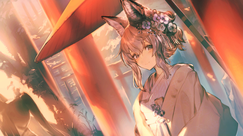 1girl animal_ears architecture bangs blush clouds east_asian_architecture flower garuku grass hair_flower hair_ornament highres japanese_clothes kimono looking_at_viewer original sky smile solo tied_hair tree umbrella
