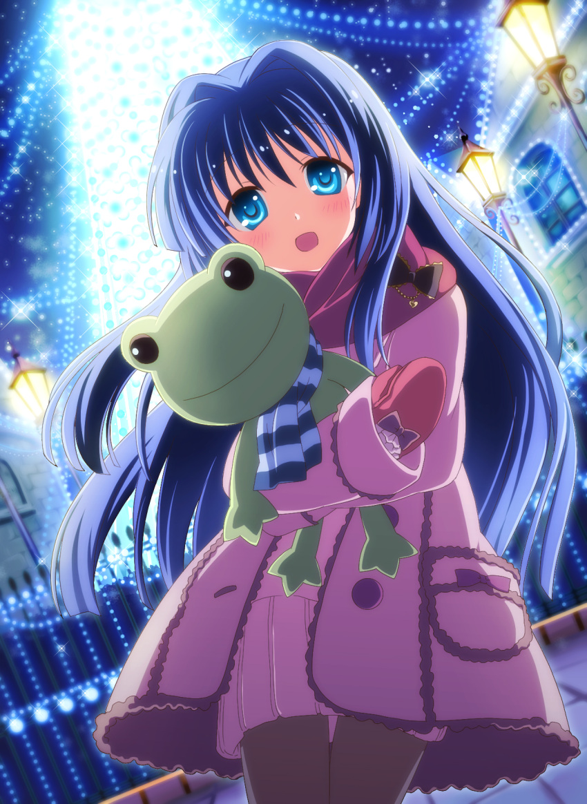 1girl artist_request blue_eyes blue_hair christmas_tree commentary_request cowboy_shot doll_hug from_below hair_intakes highres kanon keropii lamppost long_hair minase_nayuki object_hug pink_coat pink_skirt pleated_skirt purple_scarf scarf skirt solo standing stuffed_animal stuffed_frog stuffed_toy
