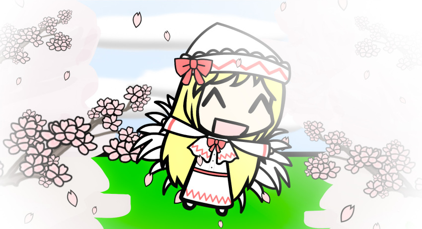 1girl bioluminescentspirit blonde_hair cherry_blossoms clouds fairy fairy_wings grass lily_white open_arms petals red_ribbon smile touhou walfas white_dress white_hat