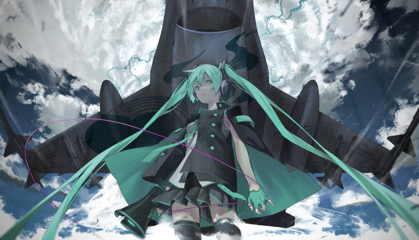 1girl absurdres aircraft airplane aqua_eyes aqua_hair aqua_nails black_legwear black_skirt cable capelet closed_mouth clouds cloudy_sky electricity film_grain fingerless_gloves fingernails from_below gloves green_gloves green_nails green_necktie hair_between_eyes hatsune_miku headphones highres holding holding_megaphone jet kento_matsuura koi_wa_sensou_(vocaloid) long_hair megaphone missile necktie painterly skindentation skirt sky solo standing supercell thigh-highs twintails very_long_hair vocaloid