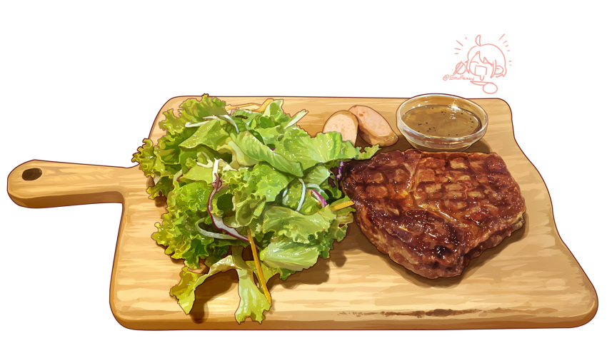 baoko cutting_board food food_focus highres lettuce meat no_humans original sauce simple_background steak still_life vegetable white_background