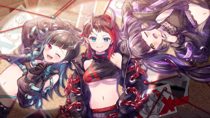 3girls bangs belt beltbra black_gloves black_hair black_jacket black_shirt black_skirt black_sports_bra blue_belt blue_eyes blue_hair blue_panties blunt_bangs breasts bulletin_board chain chest_belt closed_mouth clothing_cutout commentary_request crop_top cropped_jacket cross-laced_sleeves demon_girl demon_horns demon_tail ear_chain ear_piercing eyebrows_visible_through_hair fang flat_chest gloves heart heart_print highleg highleg_panties horns ittokyu jacket jewelry kojo_anna large_breasts long_hair long_sleeves looking_at_viewer medium_breasts midriff multicolored_hair multiple_girls navel official_art one_eye_closed open_clothes open_jacket open_mouth panties photo_(object) piercing pointy_ears print_shirt purple_hair red_eyes red_sports_bra redhead ring russian_text ryugasaki_rene shirt shishio_chris short_hair shoulder_cutout skirt sleeveless sleeveless_shirt smile sports_bra sugar_lyric tail twintails two-tone_hair under_boob underwear upper_body virtual_youtuber yellow_eyes zipper