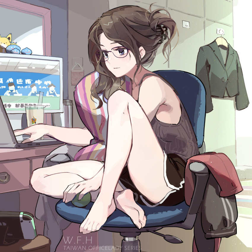 1girl armpit_peek ball bangs black_hair blue_eyes bubble_tea chair closed_mouth clothes_hanger computer crossed_legs cup cushion desk disposable_cup dolphin_shorts drinking_straw folded_ponytail glasses highres holding holding_ball holding_cushion laptop light_particles light_smile looking_at_screen mirror nintendo_switch office_chair one_knee screen shirt shorts sitting sleeveless sleeveless_shirt slime_(dragon_quest) solo stuffed_toy tennohi thermos typing wavy_hair